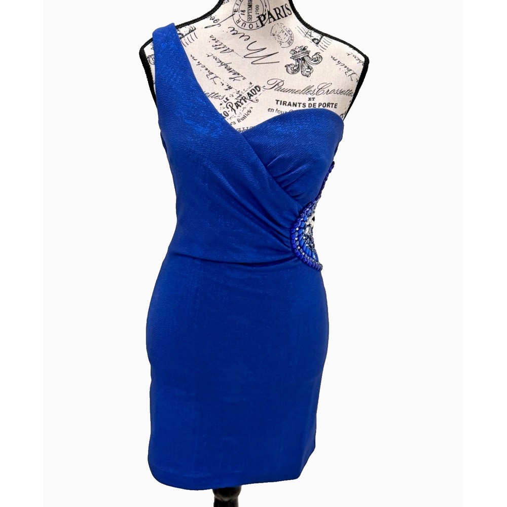 Teeze Me One Shoulder Short Cocktail Prom Dress Rhinestones Shimmer Blue Size 5